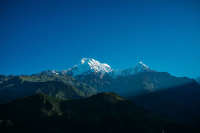 Scenic view of snowcapped mountains against clear blue sky