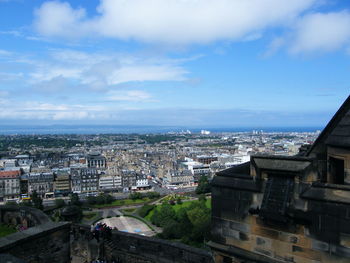 High angle shot of townscape against sky