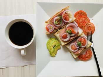 High angle view of breakfast on table