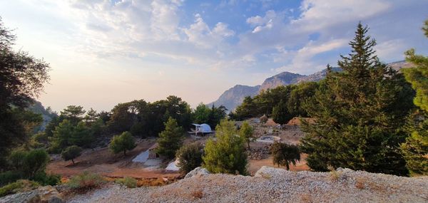 Scenic view of trees and mountains against sky