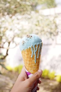Close-up of hand holding ice cream cone