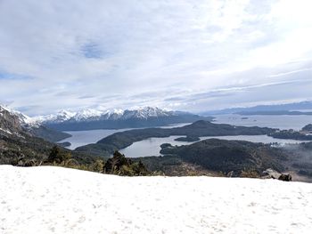 Scenic view of snow covered mountains against sky