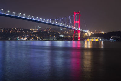 Illuminated bridge over river at night