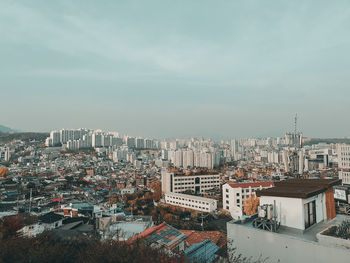 High angle view of townscape against sky during winter