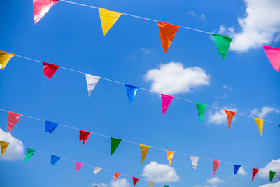 Low angle view of flags against sky