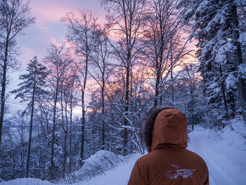 Rear view of man on snow covered bare trees during winter