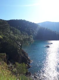Scenic view of sea and mountains against sky