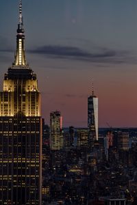 View of city lit up at night