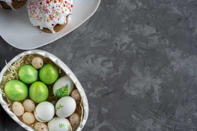 High angle view of fruits in bowl on table