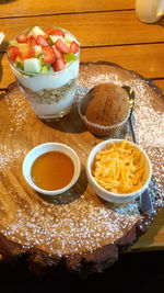 High angle view of breakfast served on table