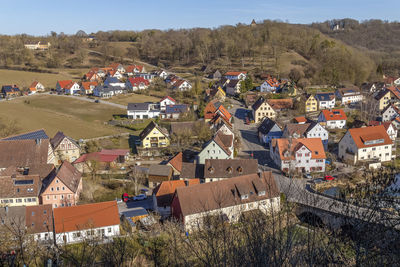 High angle view of houses in town