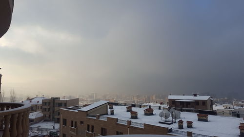 High angle view of townscape against sky during winter