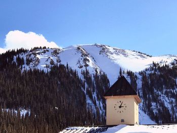 House and mountains against clear blue sky