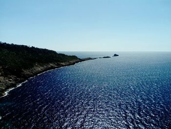 Scenic view of sea against clear blue sky