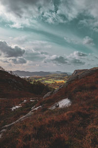 Scenic view of mountains against cloudy sky