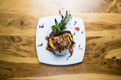 High angle view of food in plate on table