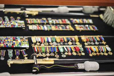 Close-up of various military medals
