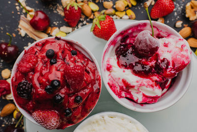 High angle view of dessert on table