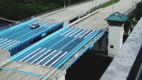 High angle view of modern buildings in city