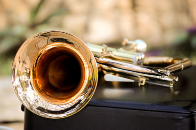 Close-up of trumpet on table