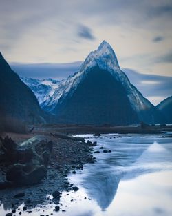 Scenic view of snow covered mountains against sky