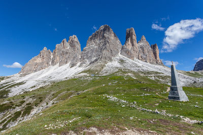 Low angle view of snowcapped mountains against blue sky