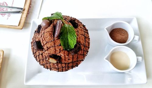 High angle view of cake in plate on table