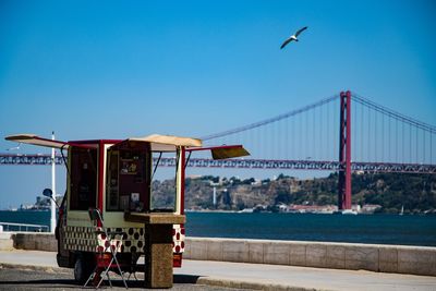 Golden gate bridge over river against sky