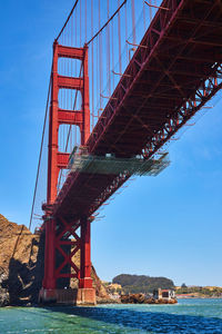 Low angle view of suspension bridge against sky