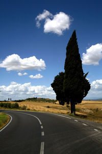 Road by trees on field against sky