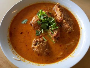 High angle view of soup in bowl on table