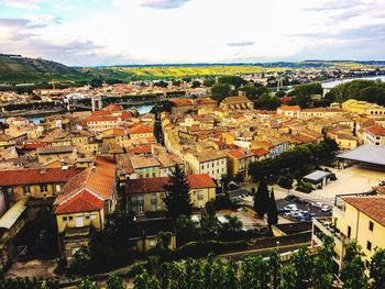 High angle view of town against sky
