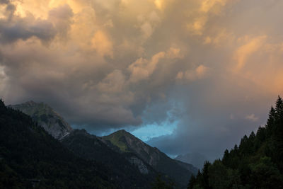 Scenic view of mountains against cloudy sky