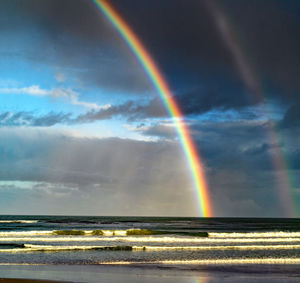 Scenic view of rainbow over sea against sky