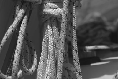 Close-up of rope tied to wooden post