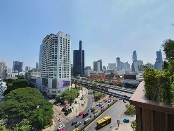 Panoramic view of city street and buildings against sky