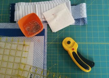 High angle view of sewing items