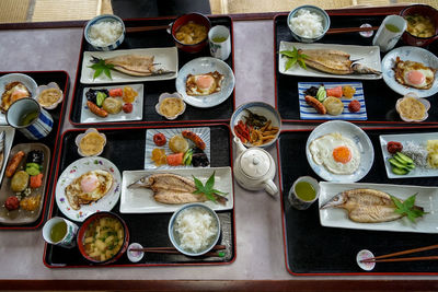 High angle view of food served on table