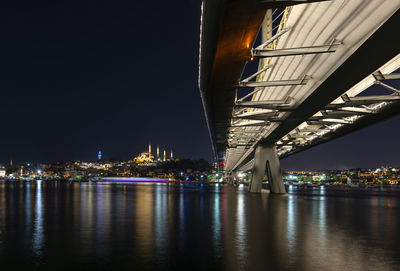 Illuminated bridge over river at night