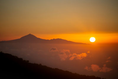 Scenic view of silhouette mountains against orange sky