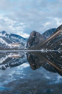 Scenic view of lake and snowcapped mountains against sky