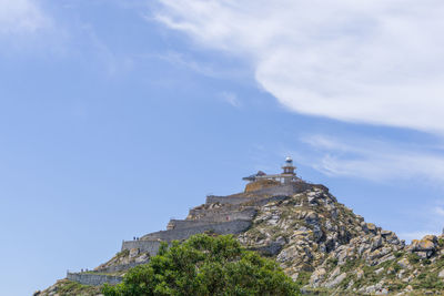 Low angle view of cross on mountain against sky