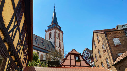 Low angle view of building against clear blue sky