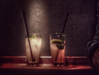 Close-up of beer glass on table