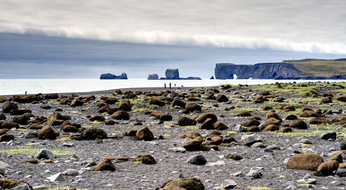 Scenic view of beach against cloudy sky