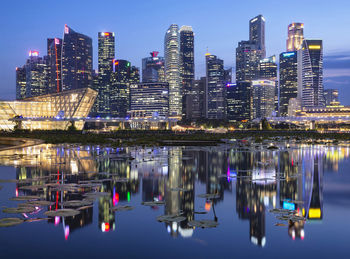 Reflection of illuminated buildings in city