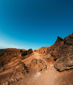 Scenic view of desert against clear blue sky