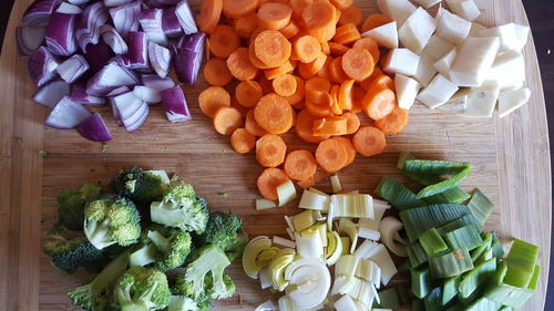 High angle view of vegetables on cutting board