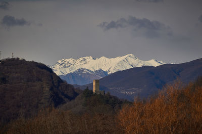 Scenic view of snowcapped mountains against sky