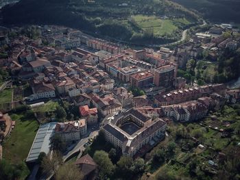 High angle view of townscape and tree in city